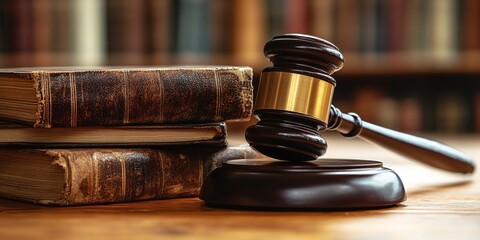A gavel rests on a sounding block next to a stack of old law books in a library