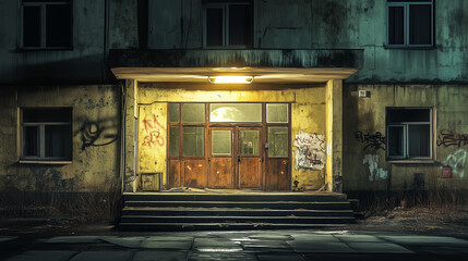 Dilapidated apartment entrance at night, covered in graffiti and grime, lit by a single light, evoking urban decay and abandonment.