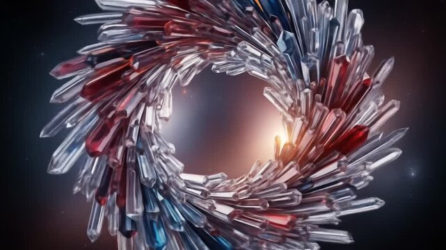 A swirling vortex of multifaceted crystals in vibrant colors against a dark backdrop.