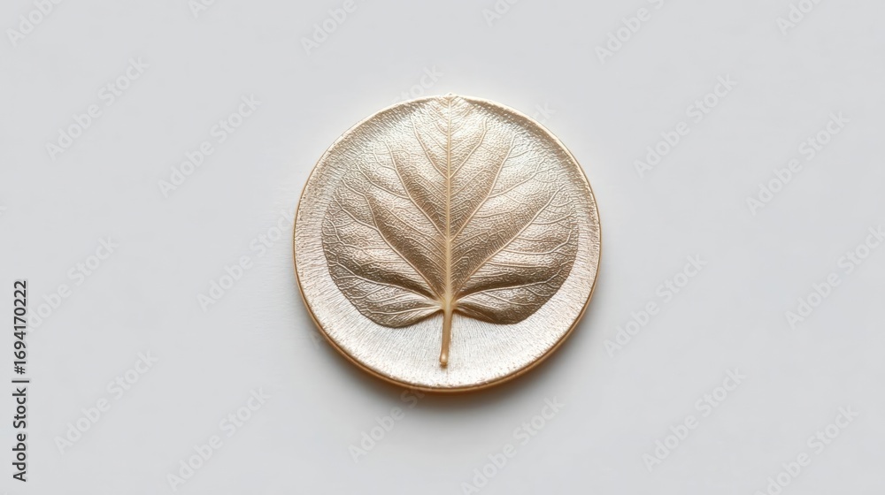 Poster close-up of a round, gold-colored object with a leaf-like design on it. the leaf appears to be made 