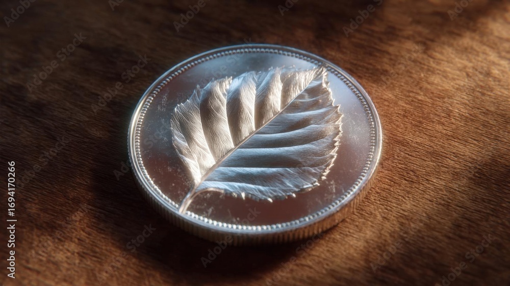 Poster close-up of a silver coin with a feather design on it. the coin appears to be round and has a smooth