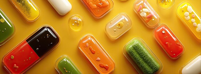 Colorful capsules or pills in clear plastic packaging on a bright yellow background