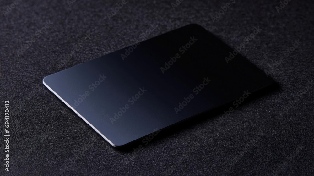 Poster black rectangular object lying on a dark grey textured surface. the object appears to be a laptop or
