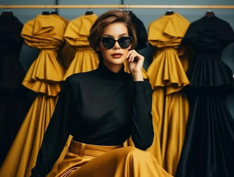 Stunning fashion display with stylish model in front of dramatic dress collection in a chic showroom