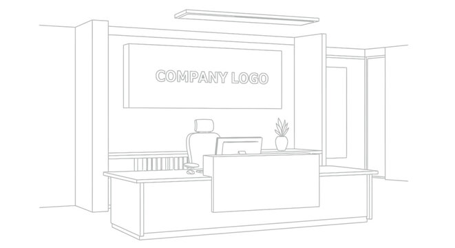 A line drawing of a company reception area with a desk chair computer and company logo sign above