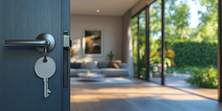 Open door with keys reveals a modern living room with large windows overlooking a lush green garden