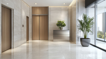 Modern elevator lobby with sleek design, polished marble floors, and contemporary decor. space features potted plant