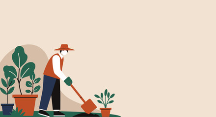 Illustration of a person gardening, digging soil with a shovel amidst potted plants. Represents home hobbies, nature connection, and sustainable lifestyle.