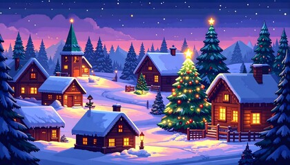 A picturesque winter village scene at night, with snow-covered houses and a decorated Christmas tree.