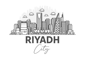 Riyadh, Saudi Arabia architecture line skyline illustration with shadows. Linear vector cityscape with famous landmarks, city sights, design icons.