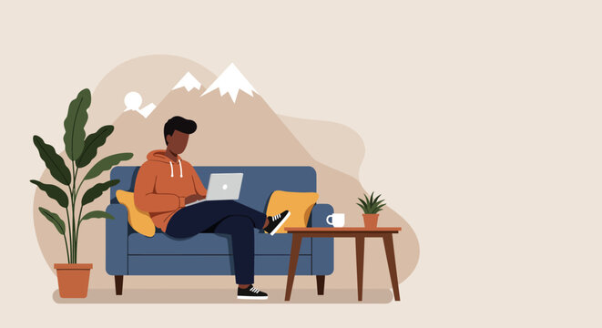Person comfortably working on a laptop from a cozy home sofa. Ideal for remote work, online learning, or modern digital lifestyle concepts.