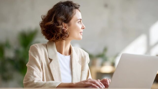 Professional businesswoman concentrating, typing on laptop, displaying intense work commitment with serious, dedicated demeanor in contemporary office setting