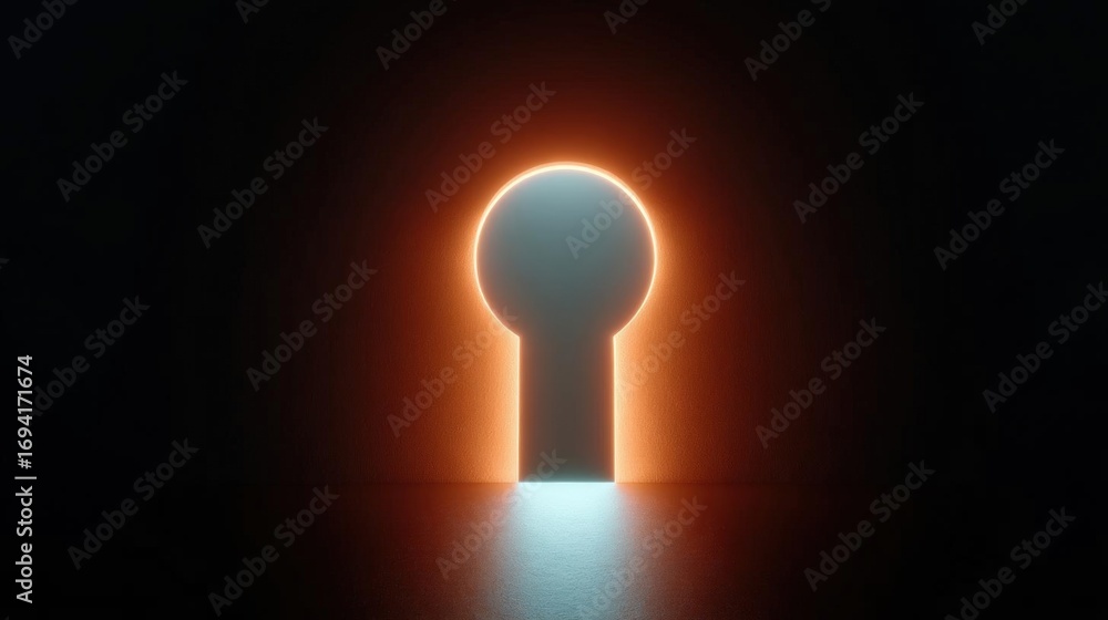 Poster 3d rendering of a keyhole in the center of a dark background. the keyhole is lit up with a bright or