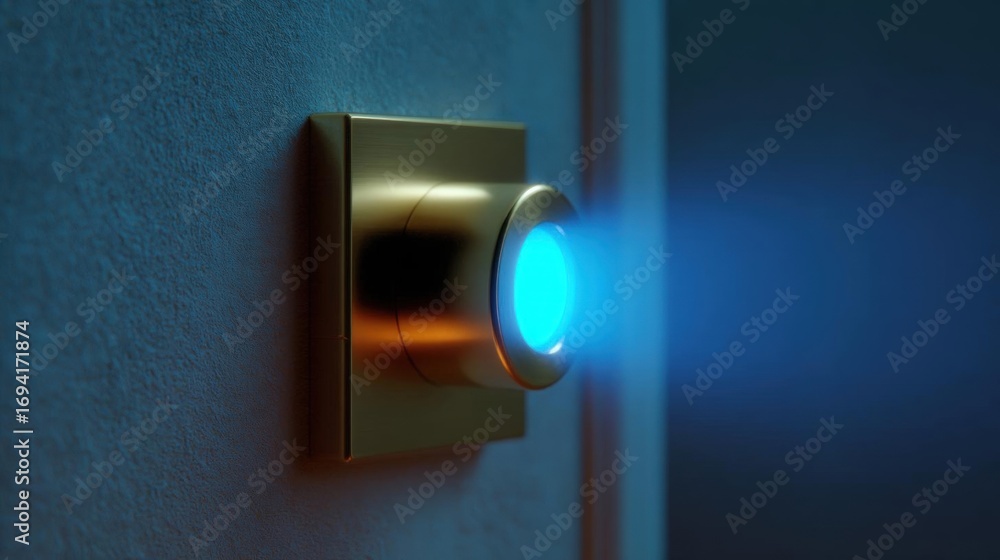 Poster close-up of a door handle on a blue wall. the handle is made of brass and has a round shape with a s