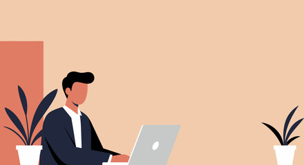 Professional man focused on his laptop in a modern office or home workspace, with plants. Represents productivity, business, remote work, and digital lifestyle.