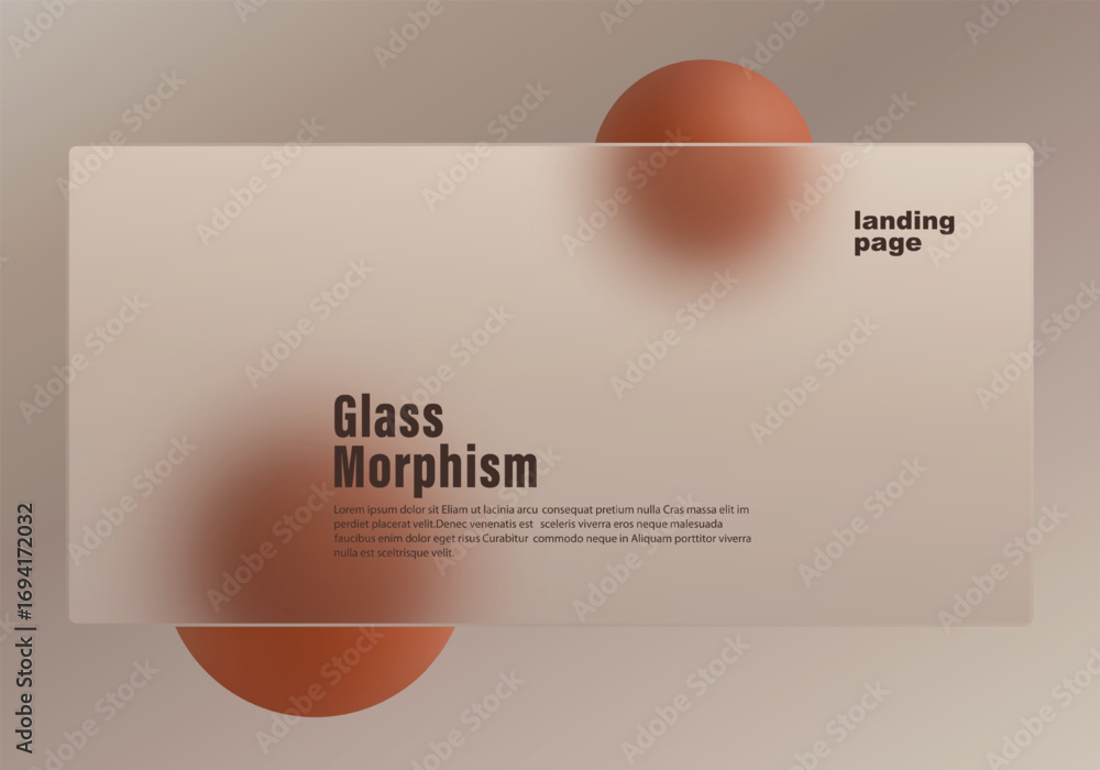 Aufkleber minimal glassmorphism landing page design with frosted transparent panel and brown 3d spheres on a s
