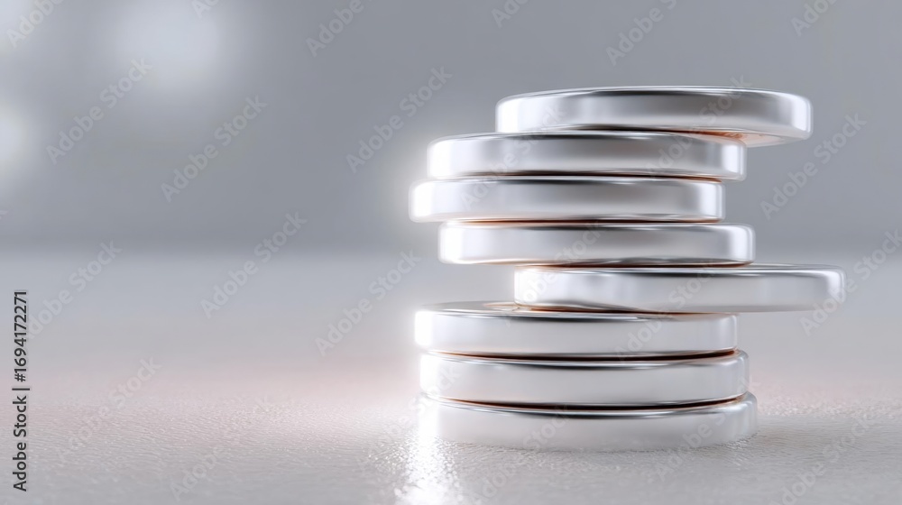 Poster stack of five silver rings arranged in a spiral-like pattern on a white surface. the rings appear to
