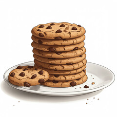 Delicious Stack of Chocolate Chip Cookies on a White Plate, Dessert Treat