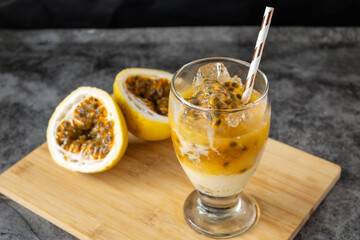 Authentic Colombian maracuyada served outdoors in glass cup