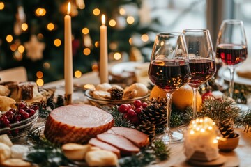 Christmas dinner with family christmas glasses lights.
