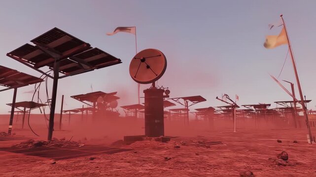 Martian outposts in a dusty red landscape