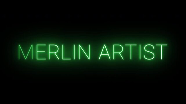 Flickering neon green merlin artist sign animated on black background.
