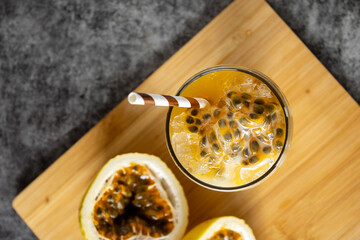 Homemade maracuyada with crushed ice and fresh passion fruit