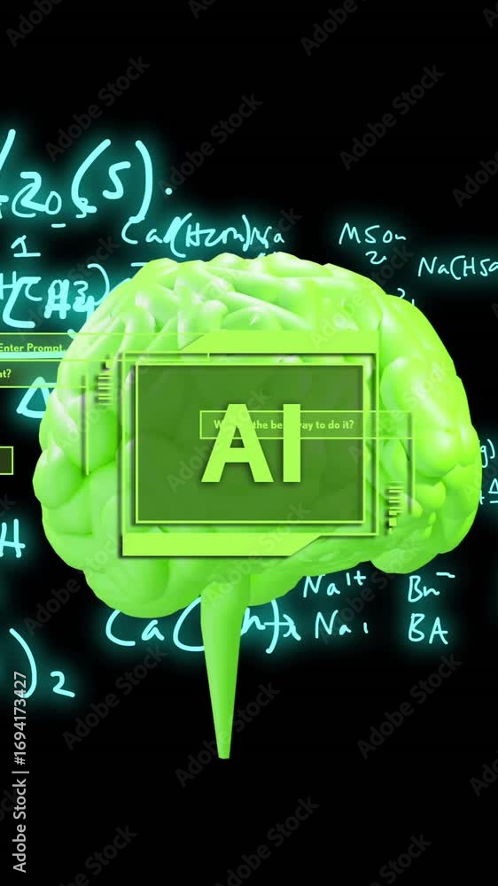 Poster Animation of ai text, brain and data processing over black background