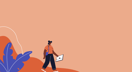 Animated woman walking with a laptop and shoulder bag against a modern abstract background. Represents remote work, education, or urban lifestyle.