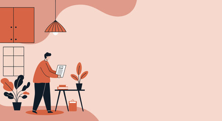 Man reviewing documents in a modern home setting, ideal for remote work, business productivity, or personal planning concepts.
