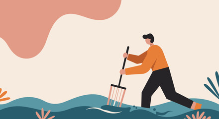 Man using a rake in water, representing environmental cleaning, agricultural work, or diligent problem-solving and maintenance.