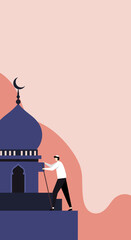 Man with staff walking towards a mosque, symbolizing spiritual journey, devotion, and Islamic faith. Ideal for religious content, travel, and cultural themes.