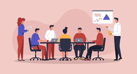Diverse business team collaborating in a modern office meeting, discussing strategy and analytics. Ideal for concepts of teamwork, presentation, and corporate development.