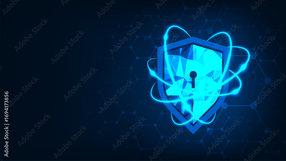 Poster shield with hexagon security cyber of data transmission internet concept technology background