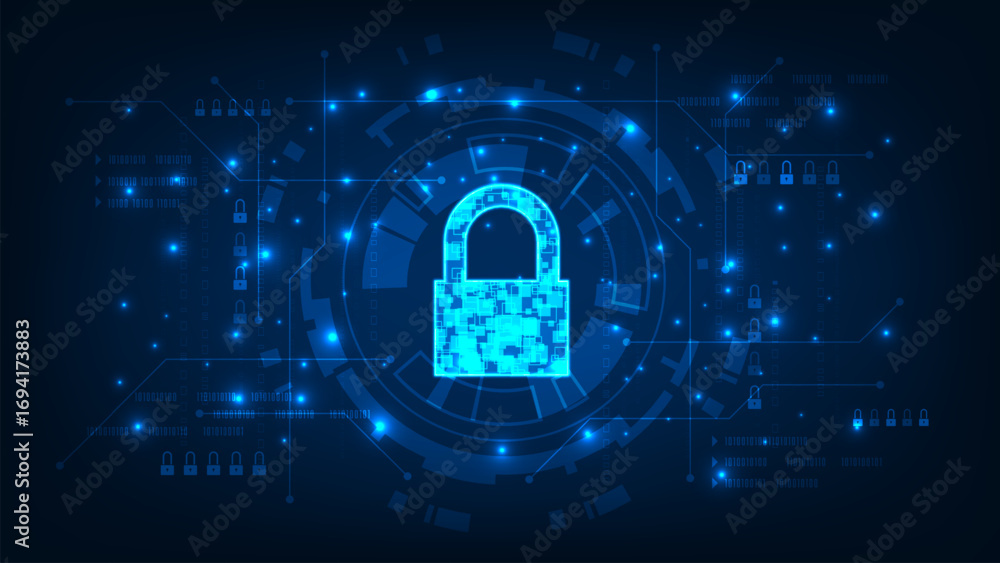 Poster Technology abstract digital security lock and tech circle Hi tech line circuit board with dark blue background
