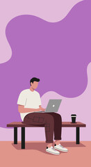 Focused man uses a laptop on a bench with coffee. Ideal for remote work, education, freelance, or digital lifestyle concepts.