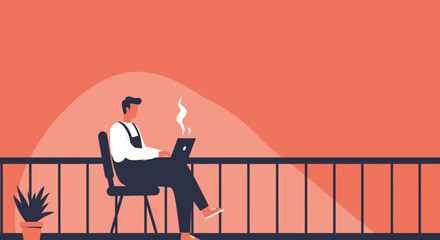 Man works remotely on laptop from a comfortable balcony with a hot drink, embodying modern flexible lifestyle and productivity.