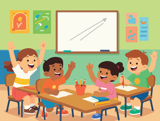 Children in Classroom Raising Hands for World Children's Day