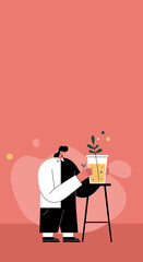 A smiling individual nurtures a potted plant and a small sprout, illustrating concepts of growth, environmental care, and sustainable living.
