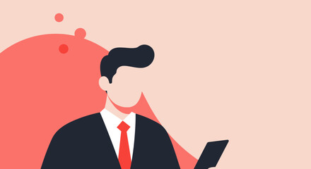 Flat illustration of a businessman in a suit and tie, holding a smartphone. Ideal for concepts of communication, technology, and corporate success.