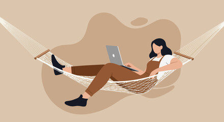 Woman comfortably working on a laptop while relaxing in a hammock. Illustrates remote work, flexible lifestyle, and leisure at home or during travel.