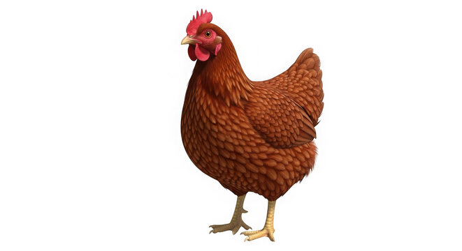A detailed close-up image of a brown hen standing still showing its feathers and beak agriculture farm animal livestock poultry transparent background