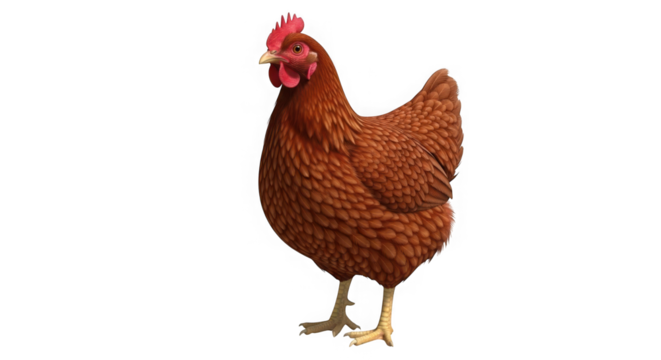 A detailed close-up image of a brown hen standing still showing its feathers and beak agriculture farm animal livestock poultry transparent background