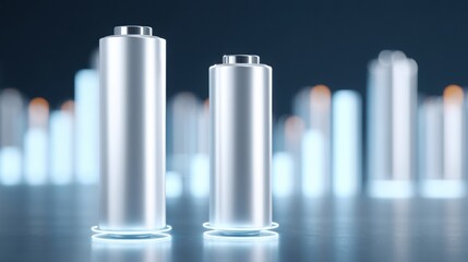 A close-up of two metallic batteries, one larger and one smaller, set against a blurred background of glowing battery shapes, emphasizing energy and technology.