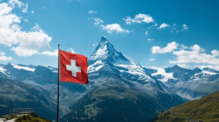 Breathtaking View of Matterhorn Peak with Swiss National Flag in Stunning Alpine Landscape