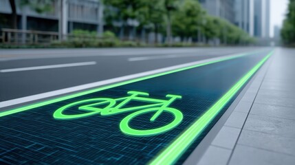 Obraz premium A futuristic bike lane illuminated with green light, set against a modern city backdrop, promoting eco-friendly transportation.