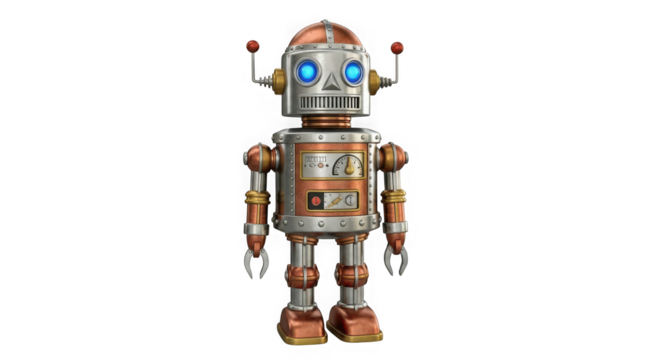 Retro steampunk robot with glowing blue eyes stands ready for adventure awaiting its next mission transparent background - Powered by Adobe