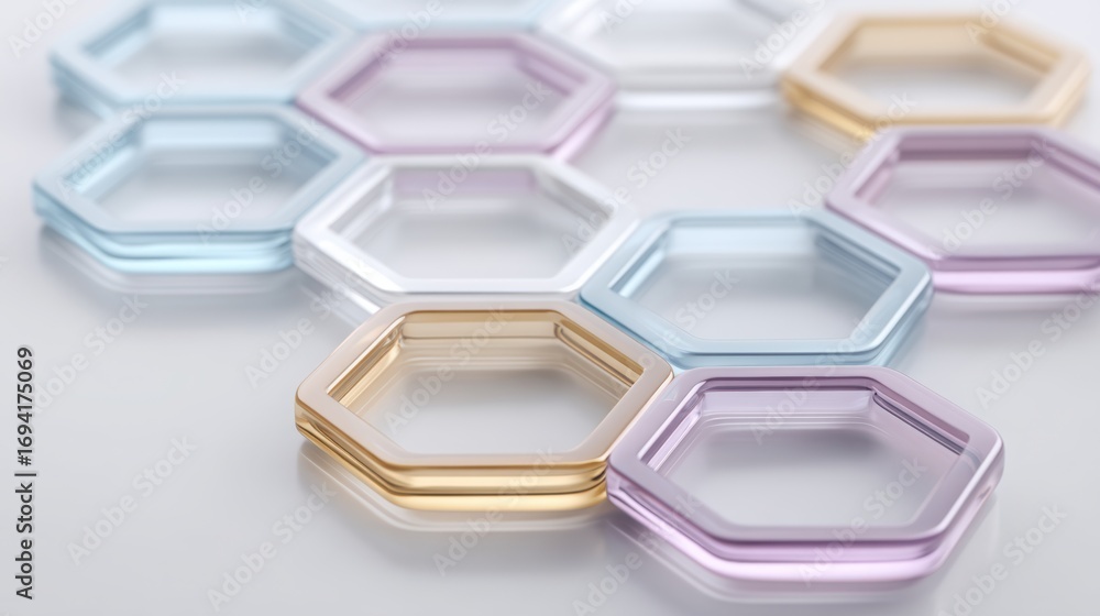 Poster colorful hexagonal shapes arranged on a smooth surface, showcasing a modern design aesthetic with a 