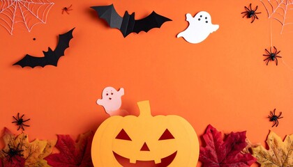Vertical Halloween Background with Pumpkin Cutout, Bats, and Ghosts