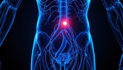 Human vascular system highlighted with pain point in lower back area for medical reference and educational resources